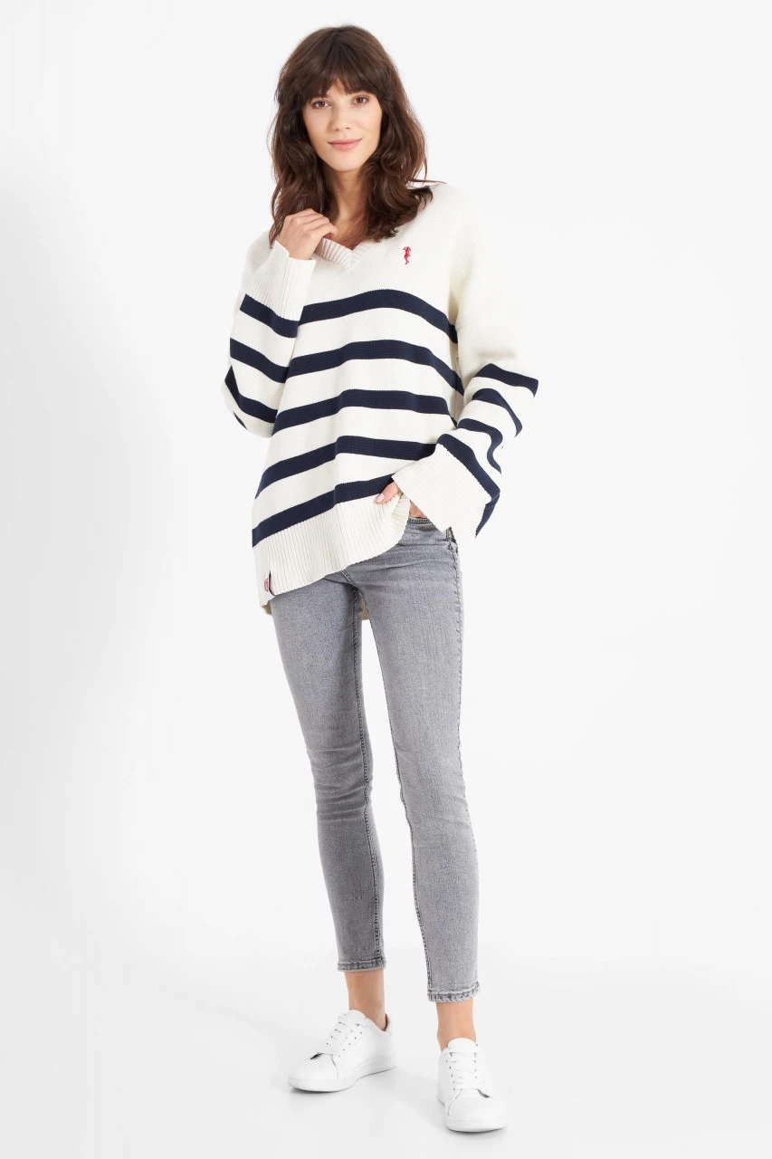 Derbe Kippes Damen Pullover Offwhite Navy Beige Blau Gestreift Strickpullover Baumwolle Nachhaltig 5 Derbe Kippes Damen Pullover Offwhite Navy Beige Blau Gestreift Strickpullover Baumwolle Nachhaltig - Image 3