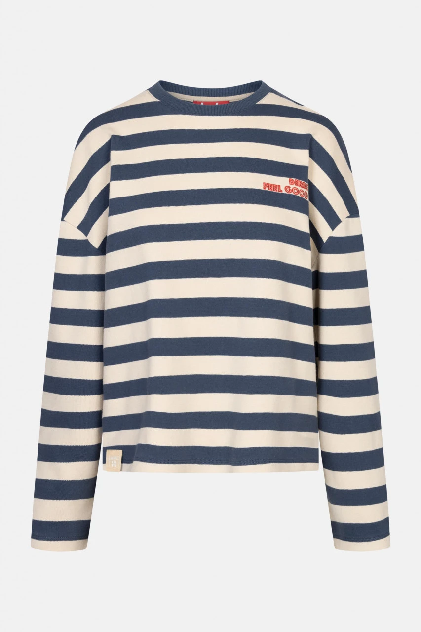 Derbe Feel Good Striped Damen Langarmshirt Dunkelblau Beige Gestreift 3 Derbe Feel Good Striped Damen Langarmshirt Dunkelblau Beige Gestreift